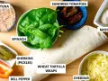 Składniki na pyszną tortillę z warzywami: tuńczyk, szpinak, suszone pomidory, ogórki, papryka, ser cheddar, majonez i pszenne placki.