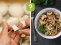 Czy pieczarki trzeba obierać? Po lewej ręka obiera pieczarkę, po prawej gotowe, pokrojone pieczarki w misce.