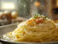 Pyszna carbonara posypana parmezanem, idealny ser do carbonary. W tle widać jajka, składniki do dania.