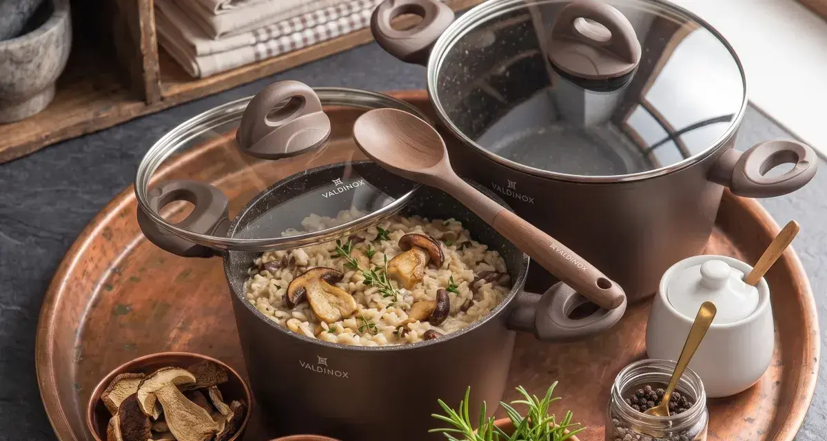 Pyszne risotto z grzybami w garnkach aluminiowych Valdinox. Czy garnki aluminiowe są zdrowe? Ten zestaw wygląda apetycznie!