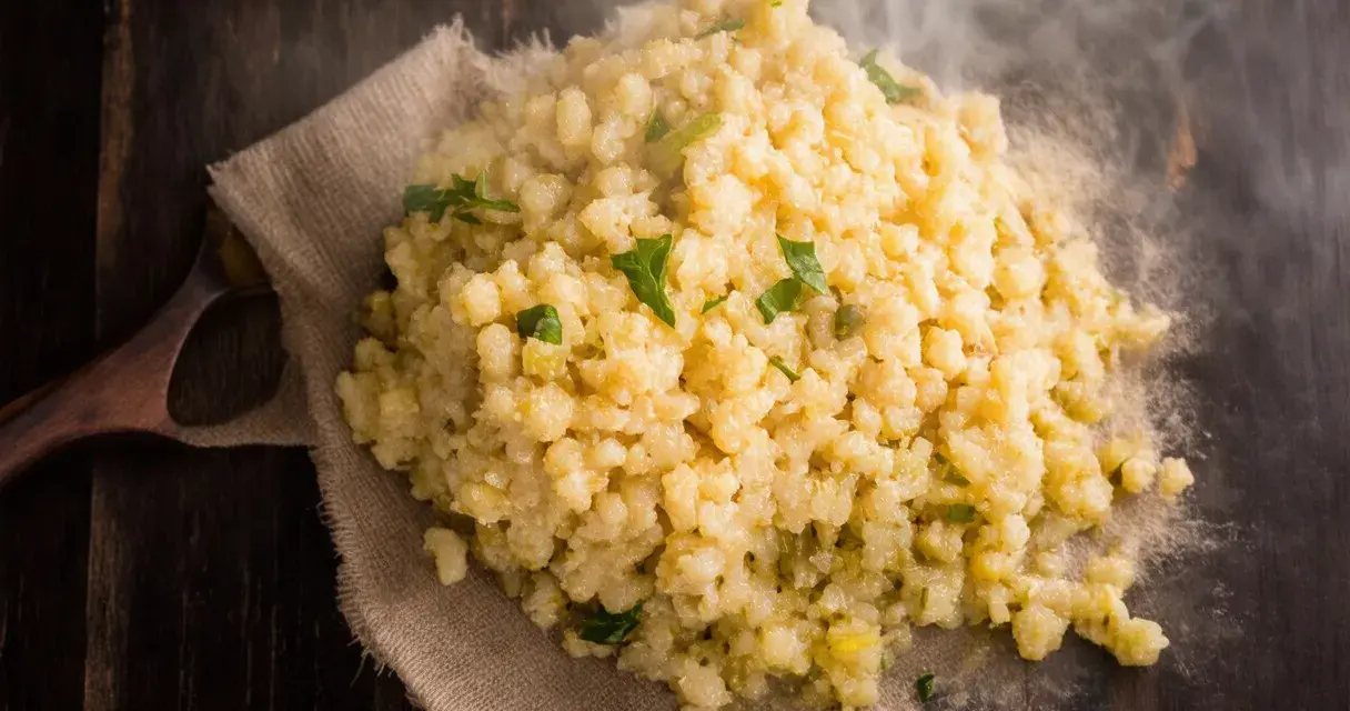 Gorąca kasza bulgur gotowanie na drewnianym stole, parująca i ozdobiona zielonymi ziołami.