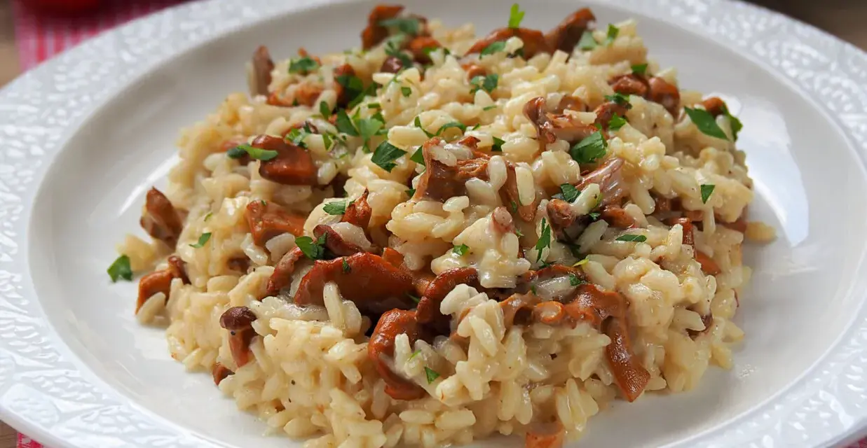 Aksamitne risotto z kurkami, posypane świeżą natką pietruszki, prezentuje się apetycznie na białym talerzu.