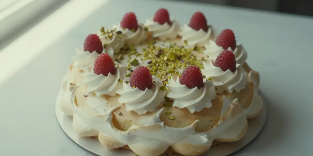 Wykwintny tort pistacjowo malinowy, ozdobiony bitą śmietaną, malinami i posypką z pistacji.