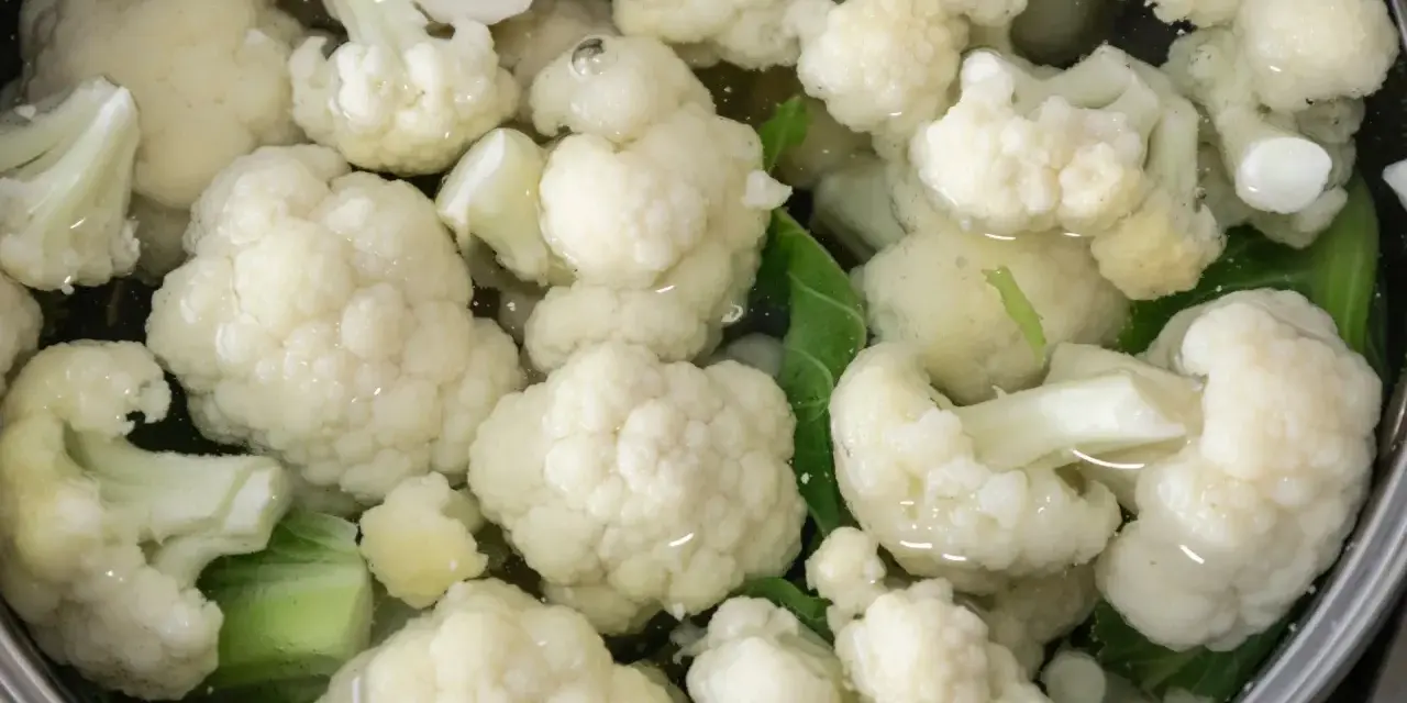 Kalafior gotuje się w garnku z wodą. Białe różyczki i zielone liście są zanurzone w płynie, tworząc apetyczny widok.