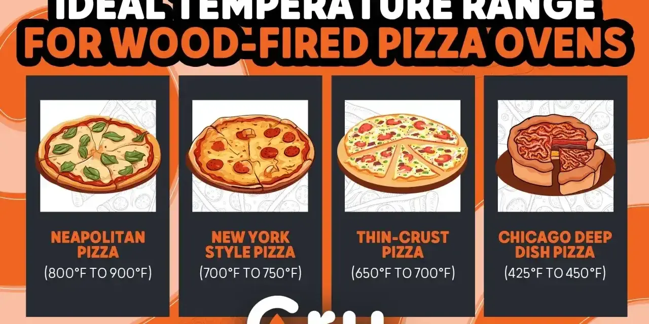 Idealna temperatura pieca do pizzy: neapolitańska 800-900°F, nowojorska 700-750°F, cienkie ciasto 650-700°F, chicagowska 425-450°F.