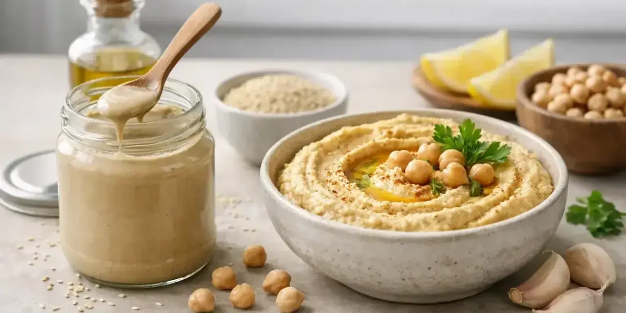 Pyszny hummus z ciecierzycy, oliwy i czosnku. W słoiku kremowe tahini, kluczowy składnik tej pasty.