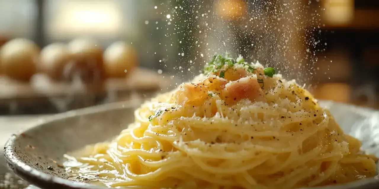 Pyszna carbonara posypana parmezanem, idealny ser do carbonary. W tle widać jajka, składniki do dania.