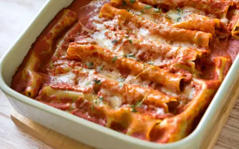 Pyszne cannelloni ze szpinakiem zapieczone w sosie pomidorowym, posypane serem i ziołami.