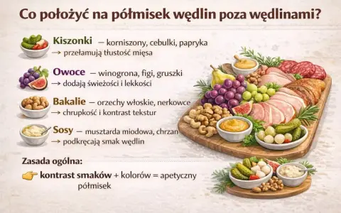 Apetyczny półmisek wędlin z owocami, bakaliami, kiszonkami i sosami.