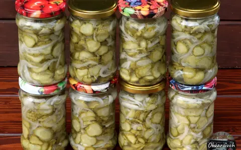 Słoiki z domową sałatką z ogórków i cebuli, gotowe do spiżarni.