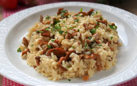 Aksamitne risotto z kurkami, posypane świeżą natką pietruszki, prezentuje się apetycznie na białym talerzu.