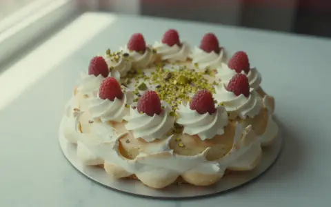 Wykwintny tort pistacjowo malinowy, ozdobiony bitą śmietaną, malinami i posypką z pistacji.