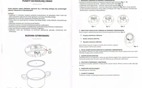Tabela czasów gotowania w szybkowarze: wskaźnik ciśnienia, regulator ciśnienia, zawory bezpieczeństwa, przyciski otwierania i zamykania, pierścień uszczelniający, uchwyty garnka.