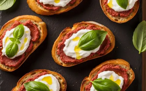 Chrupiące grzanki z kremowym serem, pikantną pastą i bazylią. Czy to nduja? Co to jest? Pyszna przekąska!