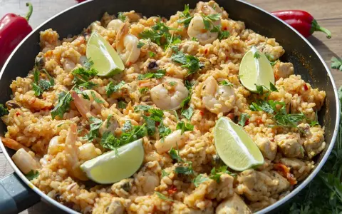Pyszna paella z kurczakiem, krewetkami i limonką, posypana świeżą pietruszką. Idealna na letni obiad.