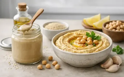 Pyszny hummus z ciecierzycy, oliwy i czosnku. W słoiku kremowe tahini, kluczowy składnik tej pasty.