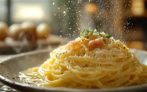 Pyszna carbonara posypana parmezanem, idealny ser do carbonary. W tle widać jajka, składniki do dania.