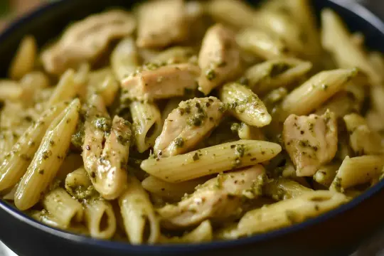 Penne z kurczakiem w sosie pesto. Aromatyczne danie, które zachwyci każdego miłośnika włoskich smaków.