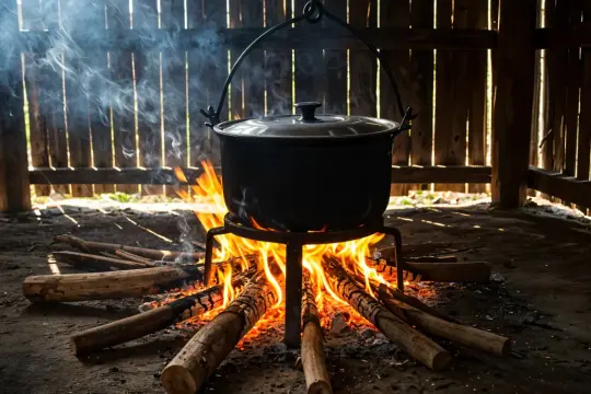 Kociołek żeliwny nad ogniskiem, dym unosi się w drewnianej szopie. Idealny do nauki, jak wyczyścić kociołek żeliwny z rdzy.