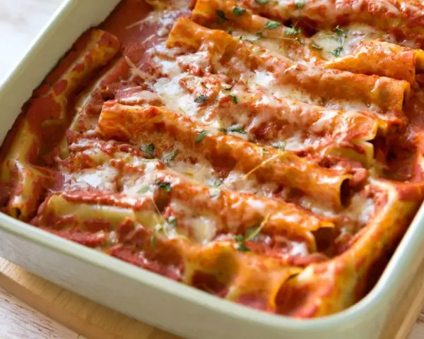 Pyszne cannelloni ze szpinakiem zapieczone w sosie pomidorowym, posypane serem i ziołami.