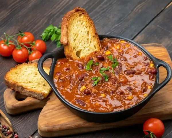 Gęste chili con carne z fasolą i kukurydzą, podane z chrupiącym pieczywem. Idealny obiad na dwa dni, który rozgrzeje i nasyci.