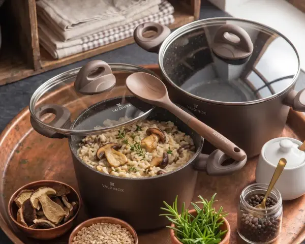 Pyszne risotto z grzybami w garnkach aluminiowych Valdinox. Czy garnki aluminiowe są zdrowe? Ten zestaw wygląda apetycznie!