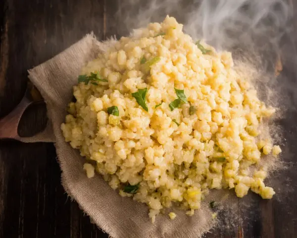 Gorąca kasza bulgur gotowanie na drewnianym stole, parująca i ozdobiona zielonymi ziołami.