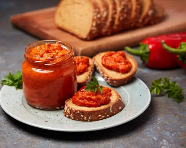 Słoik ajvaru i pieczywo z pastą. Ajvar do czego? Idealny na kanapki, dodatek do mięs i warzyw.