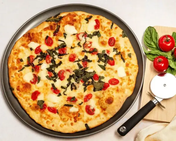 Pyszna pizza z serka wiejskiego, pomidorkami koktajlowymi i bazylią. Obok leży krajalnica do pizzy i świeże pomidory.