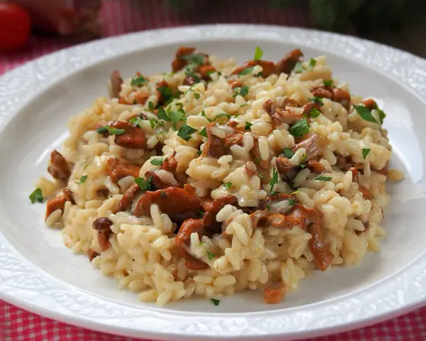 Aksamitne risotto z kurkami, posypane świeżą natką pietruszki, prezentuje się apetycznie na białym talerzu.
