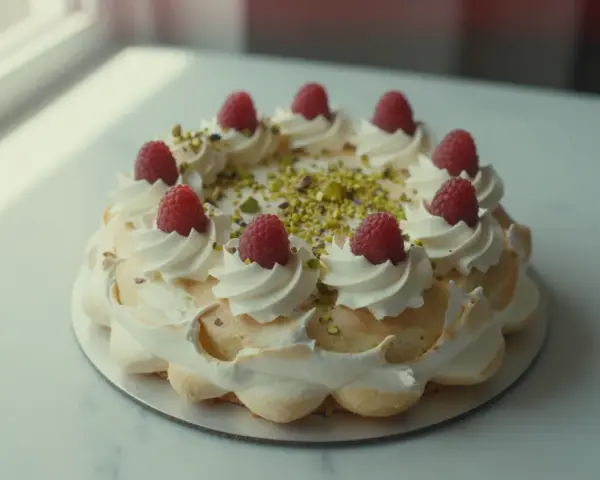 Wykwintny tort pistacjowo malinowy, ozdobiony bitą śmietaną, malinami i posypką z pistacji.