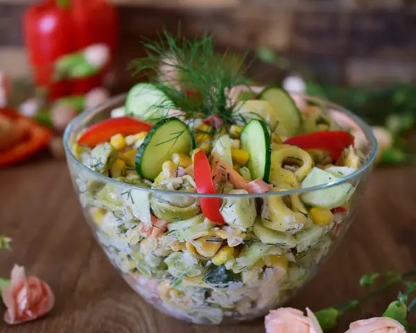 Pyszna sałatka z tortellini, ogórka, kukurydzy i papryki, udekorowana koperkiem. Idealna na letnie przyjęcie.