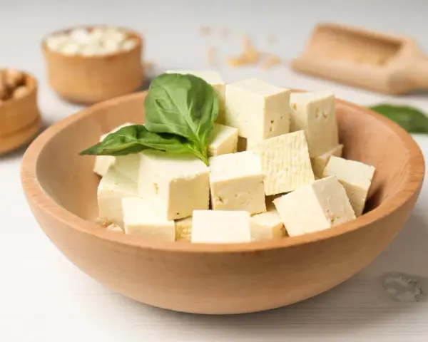 Kostki tofu w drewnianej misce z bazylią. Czy tofu można jeść na surowo? Tak, to świetna baza do sałatek i przekąsek.