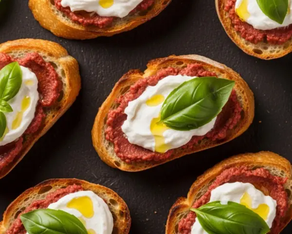 Chrupiące grzanki z kremowym serem, pikantną pastą i bazylią. Czy to nduja? Co to jest? Pyszna przekąska!