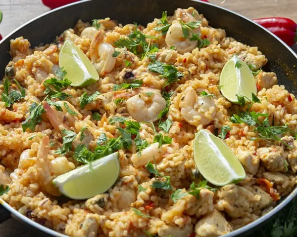 Pyszna paella z kurczakiem, krewetkami i limonką, posypana świeżą pietruszką. Idealna na letni obiad.