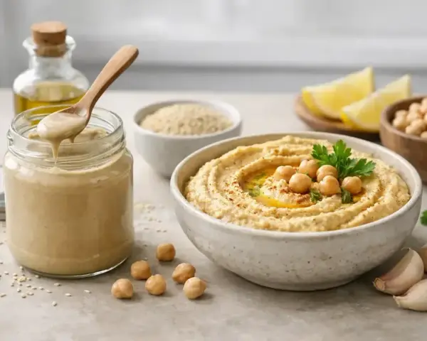 Pyszny hummus z ciecierzycy, oliwy i czosnku. W słoiku kremowe tahini, kluczowy składnik tej pasty.
