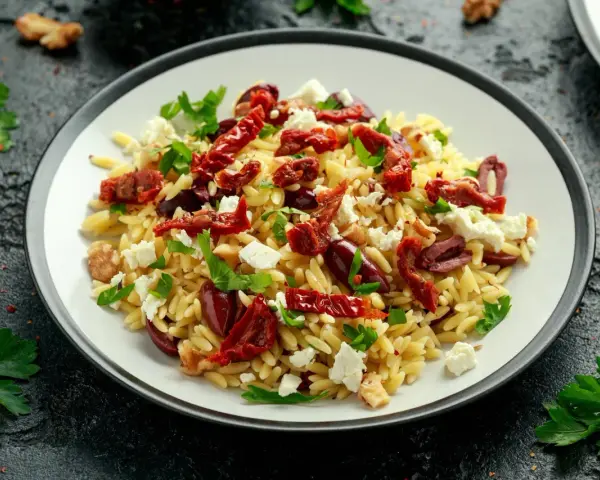 Pyszna sałatka z makaronem orzo, z suszonymi pomidorami, oliwkami, fetą i natką pietruszki.