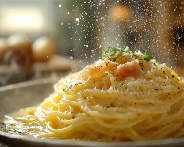 Pyszna carbonara posypana parmezanem, idealny ser do carbonary. W tle widać jajka, składniki do dania.