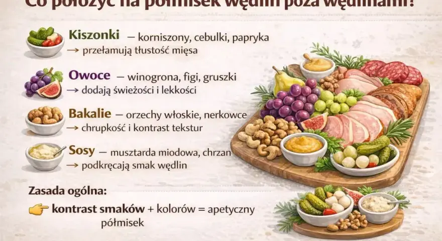 Apetyczny półmisek wędlin z owocami, bakaliami, kiszonkami i sosami.