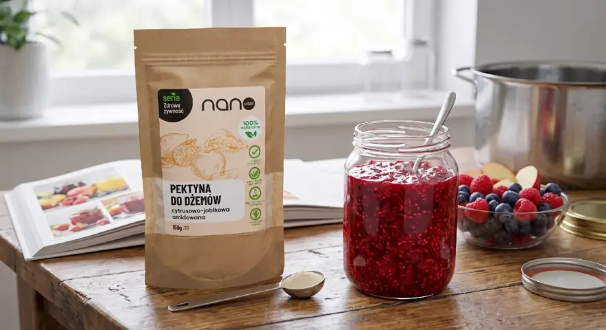 Pektyna do dżemów, cytrusowo-jabłkowa, to naturalny zagęstnik. Na stole słoik z malinowym dżemem, owoce i opakowanie produktu.