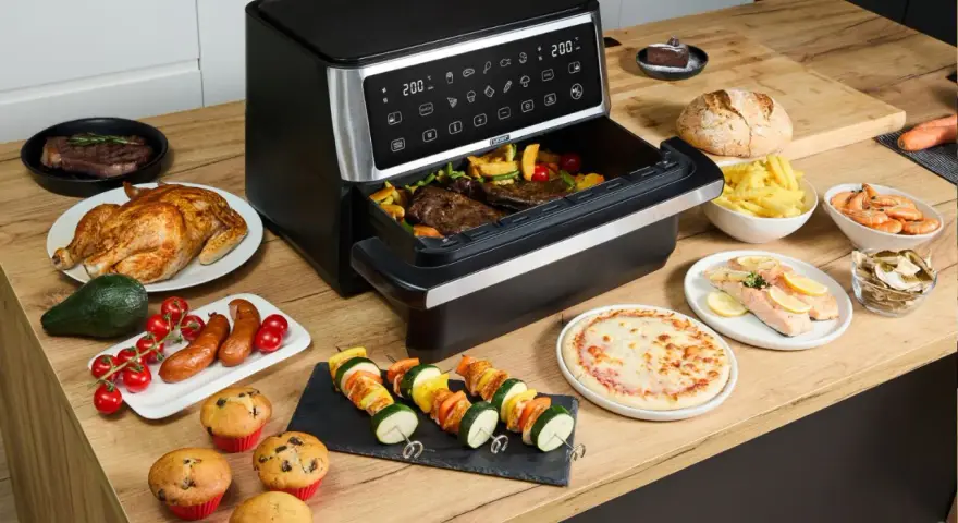 Frytkownica beztłuszczowa przygotowuje różnorodne dania: kurczaka, steki, rybę, szaszłyki, pizzę, frytki, krewetki i muffiny.