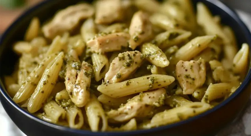 Penne z kurczakiem w sosie pesto. Aromatyczne danie, które zachwyci każdego miłośnika włoskich smaków.