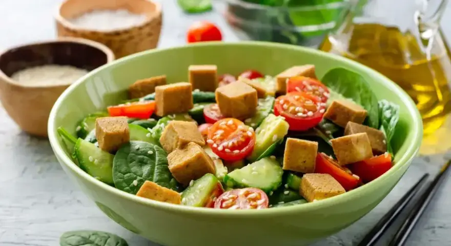 Kolorowa sałatka z chrupiącym tofu, pomidorkami koktajlowymi i ogórkiem na świeżym szpinaku.