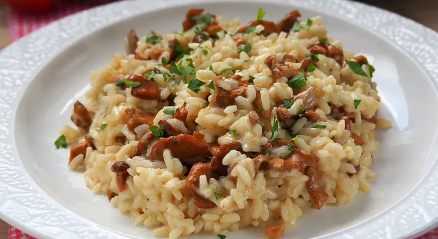 Aksamitne risotto z kurkami, posypane świeżą natką pietruszki, prezentuje się apetycznie na białym talerzu.
