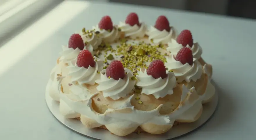 Wykwintny tort pistacjowo malinowy, ozdobiony bitą śmietaną, malinami i posypką z pistacji.