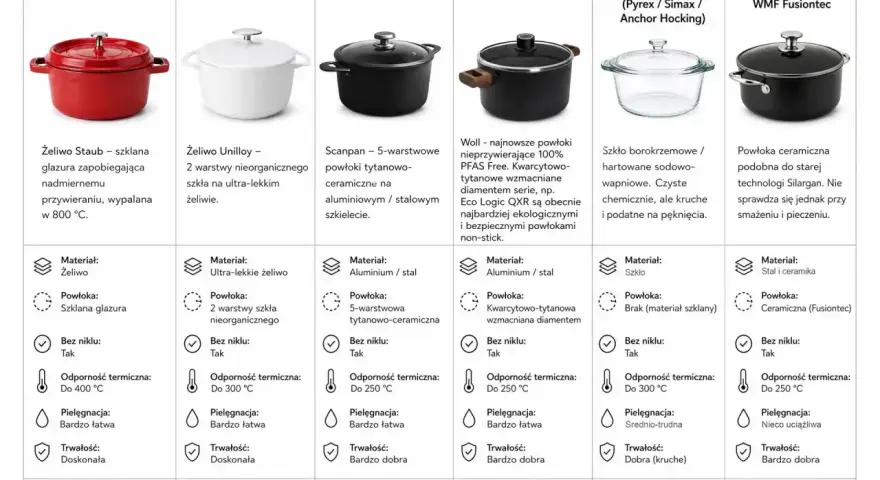 Przewodnik po naczyniach bez niklu: żeliwne Staub i Unilloy, Scanpan, Woll, szklane i ceramiczne WMF.