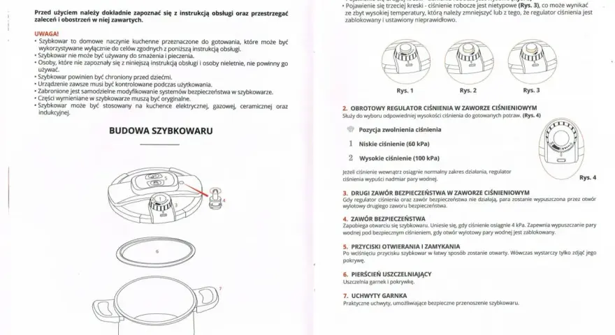 Tabela czasów gotowania w szybkowarze: wskaźnik ciśnienia, regulator ciśnienia, zawory bezpieczeństwa, przyciski otwierania i zamykania, pierścień uszczelniający, uchwyty garnka.