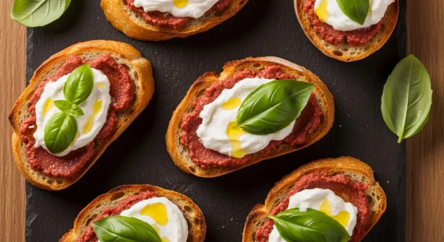 Chrupiące grzanki z kremowym serem, pikantną pastą i bazylią. Czy to nduja? Co to jest? Pyszna przekąska!