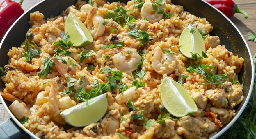 Pyszna paella z kurczakiem, krewetkami i limonką, posypana świeżą pietruszką. Idealna na letni obiad.