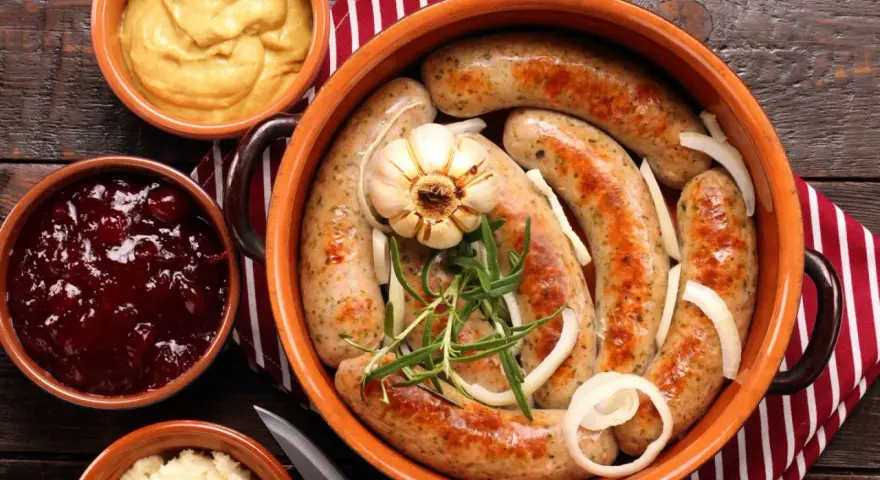 Pyszne dania wielkanocne na gorąco: kiełbaski z czosnkiem i rozmarynem, podane z chrzanem, żurawiną i musztardą.
